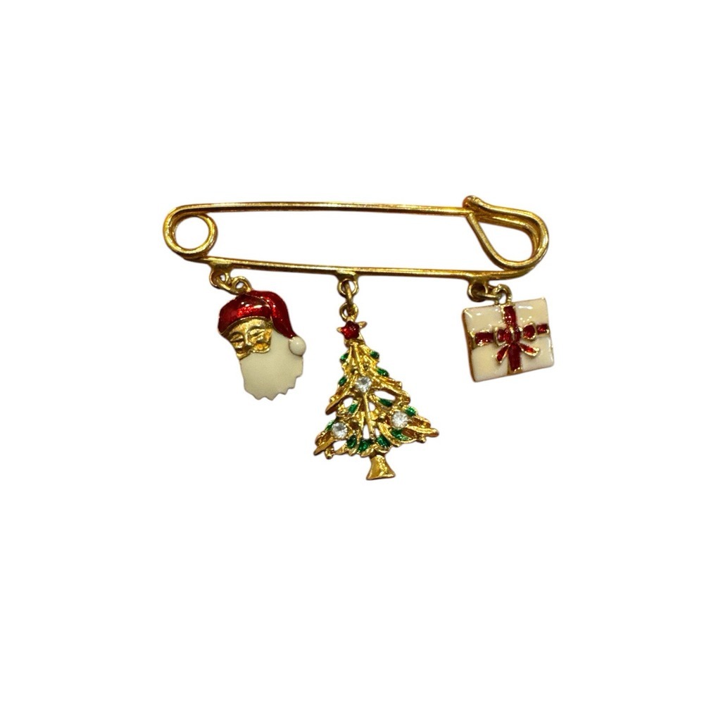 Christmas Pin Safety Pin Santa‎ Tree Gift Gold White Red Green